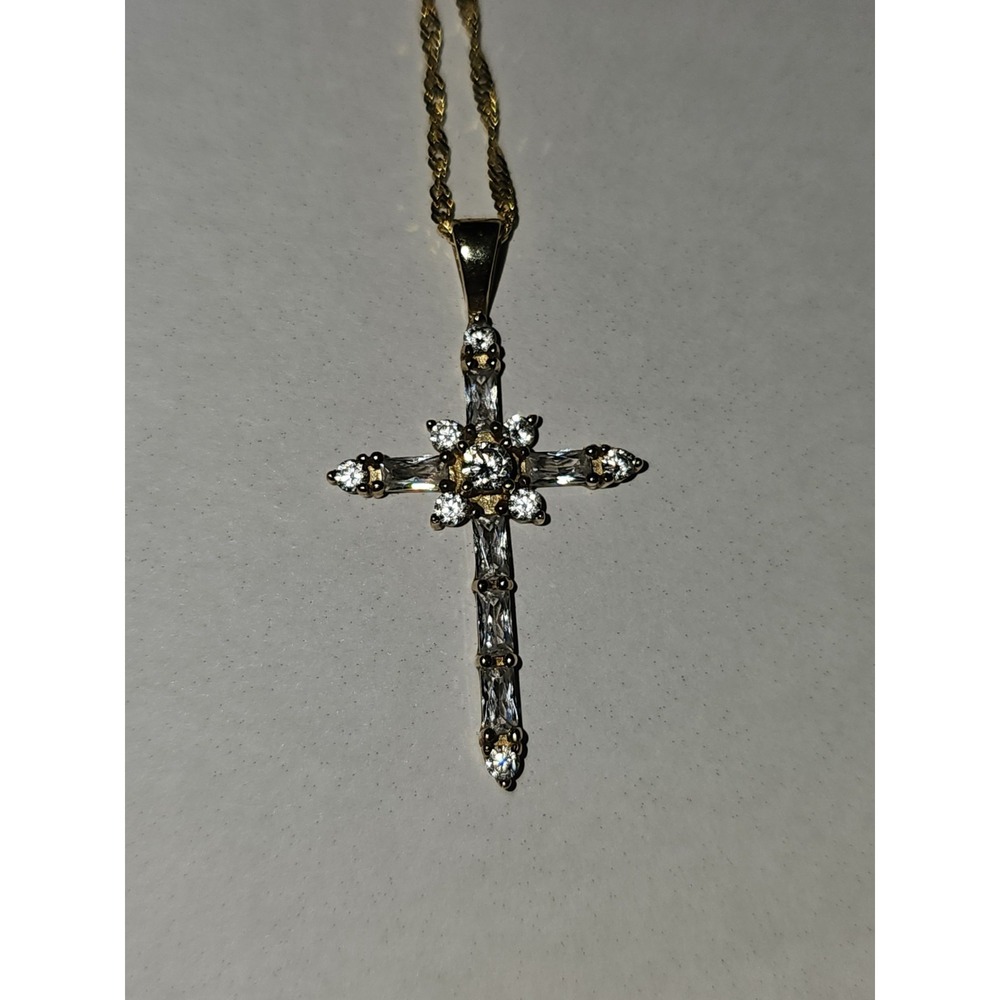 14K Solid Yellow Gold 19.5" Necklace 1.6g CZ 10K Gold 1.35" Cross Pendant 1.7g - Picture 1 of 5